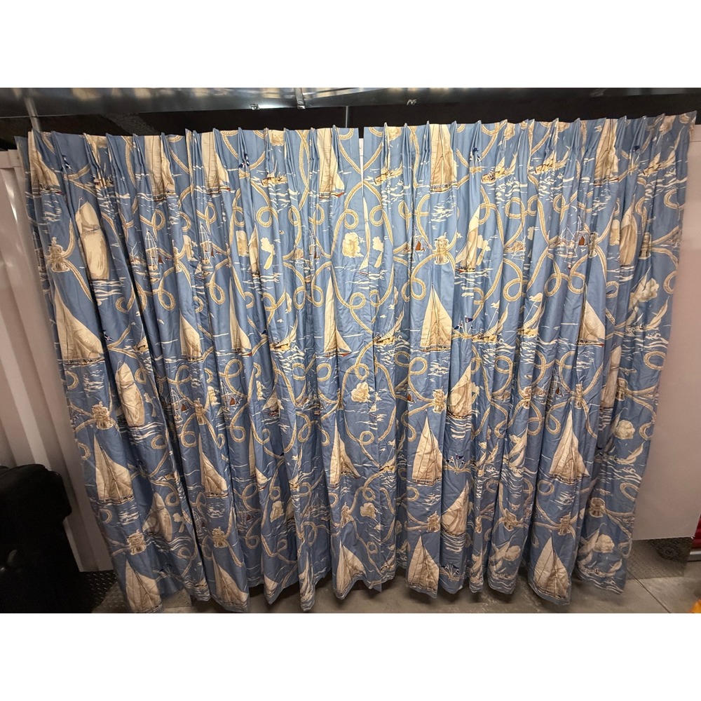 Summer Regatta Linen Print, Navy - Schumacher Curtain (4)) Panels 84in - Picture 3 of 13